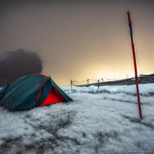 Prompt: tent, camping on top of a tower, in an ice storm, hyperrealism