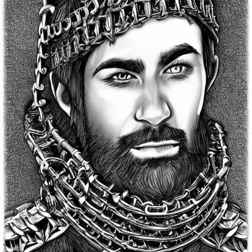 Image similar to an epic portrait of a lanky half elf with a chinstrap beard, clad in a chain mail of wood, drawn by john avon