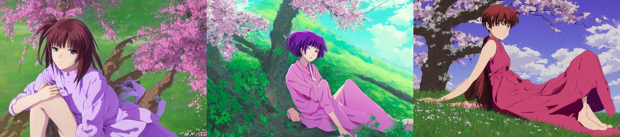 Prompt: beautiful ultrawide portrait of ((Asuka Soryu from Evangelion)) with pink eyes and full body, her face is a mauve flower, beuatiful face, with colorful purple gown with white sheen and long hair, girl sitting on apple tree, awesome, bright colours, trending on artstation, by Studio Trigger and Studio Ghibli, by Makoto Shinkai, by katsushika hokusai