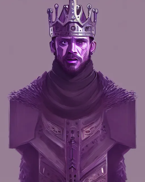 Image similar to a portrait of a medieval king, cyberpunk, purple color scheme, grim - lighting, high - contrast, intricate, elegant, highly detailed, digital painting, artstation, concept art, smooth, sharp focus, illustration