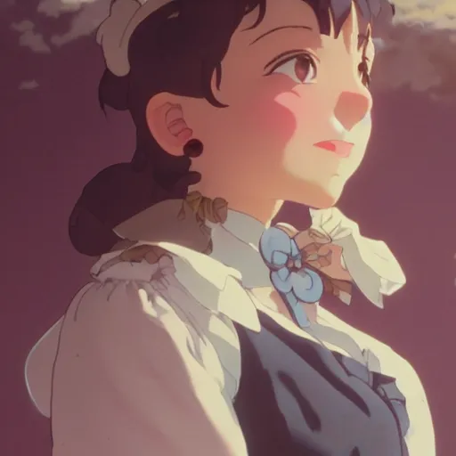 Image similar to a maid girl winking, film still, studio portrait, high quality, wlop, greg rutkowski, alphonse mucha, makoto shinkai, studio ghibli, highly detailed, 4 k