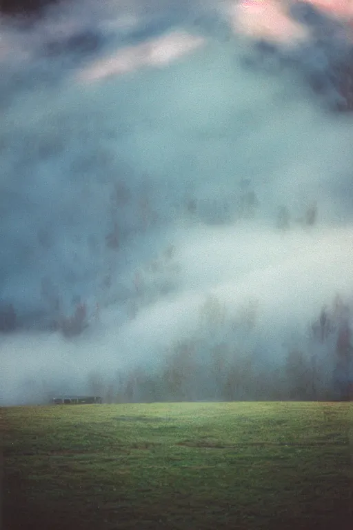 Prompt: film color photography, cow in the blue fog at the lawn, mountains in distance, 35mm