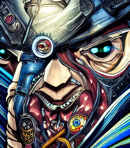 Prompt: hyper detailed comic illustration of a ClockPunk anime Batman, markings on his face, by by Android Jones intricate details, bright vibrant colors , solid background, low angle fish eye lens