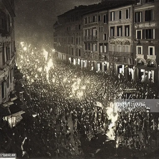 Prompt: the streets of rome during carnival by night view from above in the style of andrei tarkovsky and durer, depth, detail, masked dancing crowds and decorated balconies, lit by torches and confetti, in 1 9 1 1