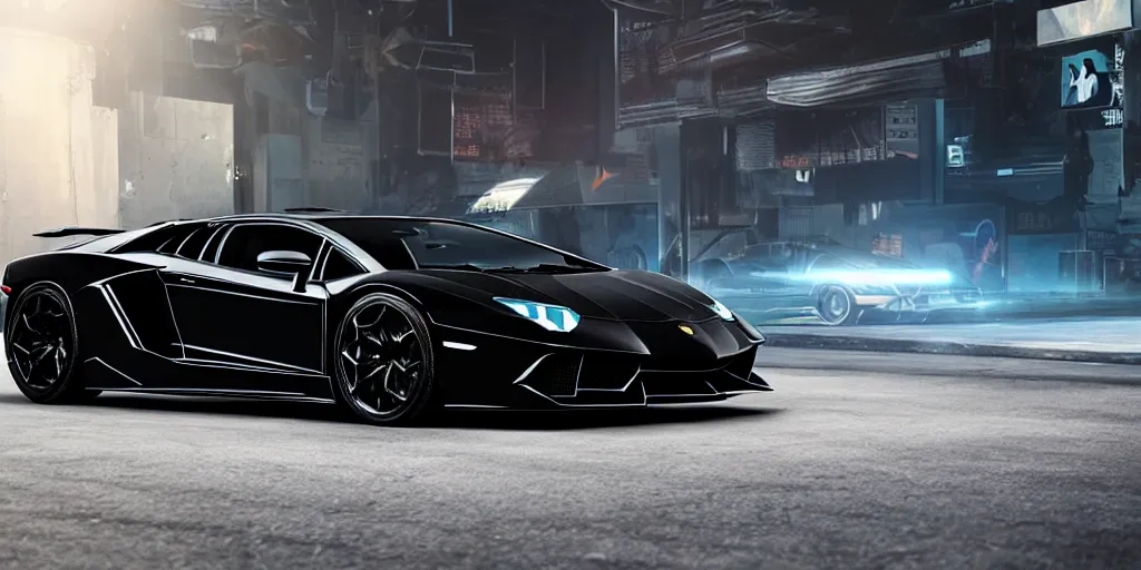 Prompt: black color of a lamborghini aventador in cyberpunk stealth design, unreal 5 hyperrealistic realistic photorealistic dynamic lighting highly detailed cinematic landscape