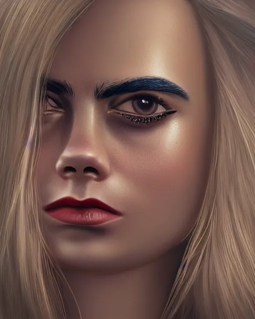 Image similar to closeup face profile portrait of cara delevingne as a tin toy fbi agent, bikini, depth of field, zeiss lens, detailed and intricate environment, fashion photoshoot by nicoletta ceccoli, mark ryden, lostfish, breathtaking, 8 k resolution, artistic, hyperrealistic, octane render