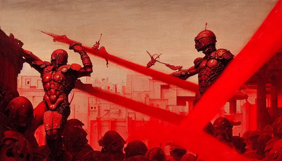 Image similar to only with red, a lightly armored gladiator in a crowded roman amphitheatre, crowd cheering, in the style of beksinski and edward hopper and rodcenko and yue minjun and artgerm, intricate and epic composition, red by caravaggio, highly detailed, masterpiece, red light, artstation, art nouveau