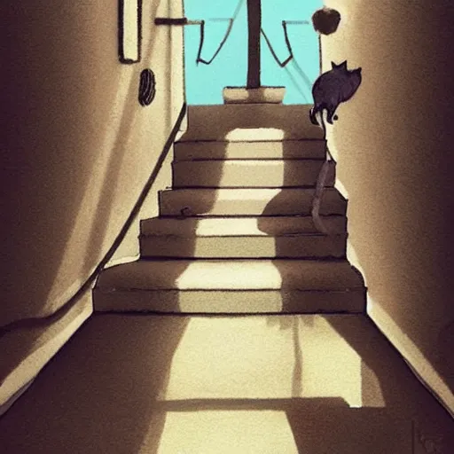 Image similar to long shot of fluffy cat walking down the stairs, daytime, long shadows, highly detailed, warm colors, artstation, concept art, sharp focus, illustration, masterpiece