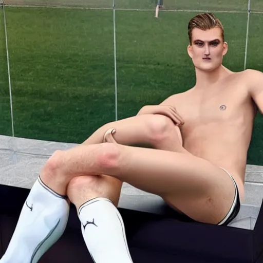 Image similar to a realistic detailed photo of a guy who is an attractive humanoid who is half robot and half humanoid, who is a male android, soccer player matthijs de ligt, shiny skin, posing like a statue, blank stare, by the pool, on display