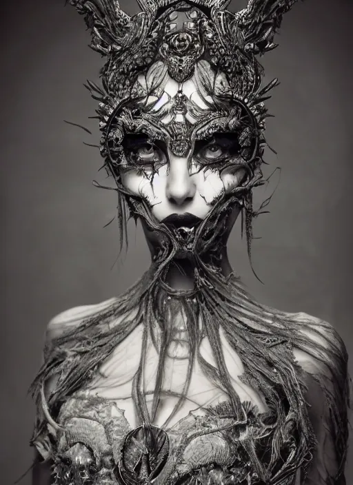 Image similar to a portrait of female model by stefan geselle and nekro borja, photorealistic, intricate details, hyper realistic, dark fantasy, ornate headpiece, dark beauty, photorealistic, canon r 3, photography, wide shot, photography, dark beauty, symmetrical features, wide angle shot, whole body, full body shot, body, feet