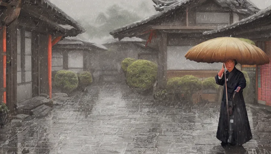 Image similar to old lady with her umbrella in rustic japanese village, raining, paint by hiromu arakawa, hyperdetailed, artstation, cgsociety, 8 k