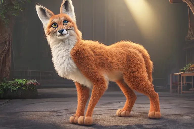 Prompt: The fluffiest little fur creature in the world, hybrid from cat caracal fox lion deer, fullbody, oil painting, disney, zootopia, volumetric light, unreal 5, DAZ, hyperrealistic, octane render, RPG portrait, dynamic lighting, fantasy art, beautiful face