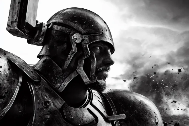 Prompt: still photo of a iron age war man looking at the camera in a battlefield, black and white color aesthetic, highly detailed, photorealistic portrait, bright studio setting, studio lighting, crisp quality and light reflections, unreal engine 5 quality render