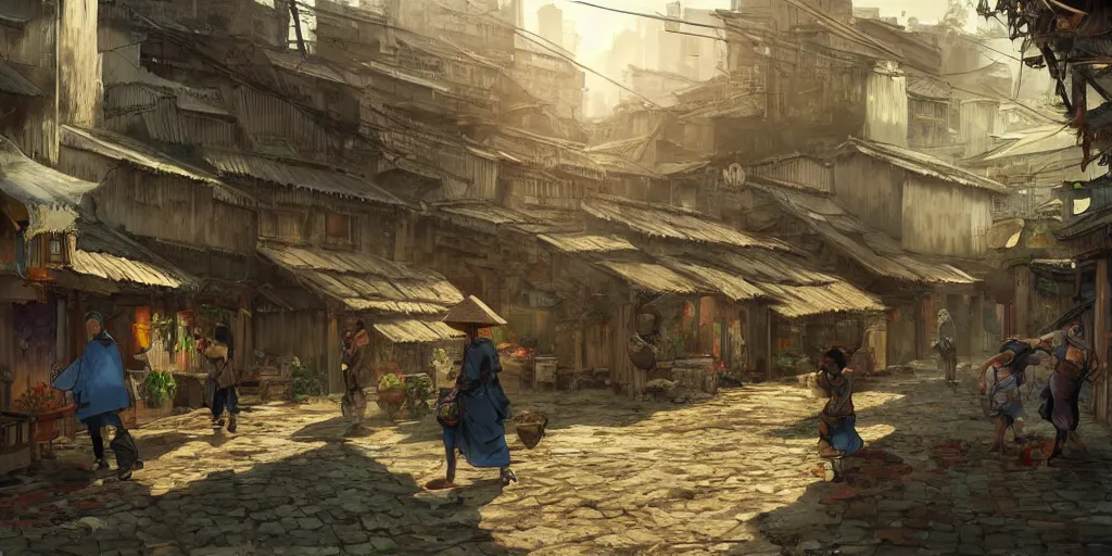 Image similar to vietnamese village scene, side scroller, 2 d game art background, sharp, detailed, intricate, game level design, cinematic lighting, ultrarealistic, photorealistic, trending on artstation, in the style of yoji shinkawa and greg rutkowski and federico pelat and wlop and karol bak and bouguereau and santiago caruso