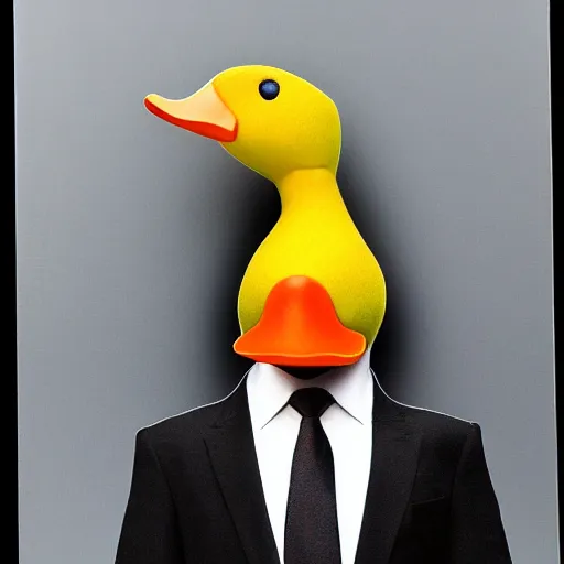 Image similar to a high detail photo of a man with a duck's head wearing a suit, photorealism