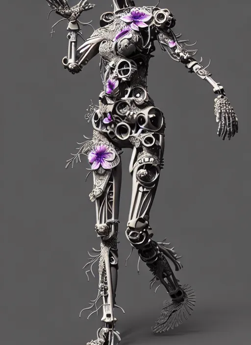 Image similar to bw 3 d model, biomechanical female cyborg with porcelain profile face and a big floral eye, big leaves foliage and stems, morning glory flowers, hibiscus flowers, boho floral vines, sinuous fine roots, fine filigree foliage lace, alexander mcqueen, rim light, art nouveau fashion pearl embroidered, steampunk, redshift render, artstation, 8 k