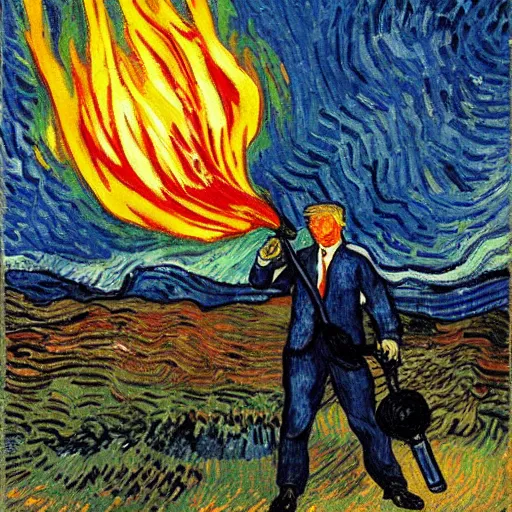 Image similar to donald trump holding a flame thrower, painting by van gogh, detailed, colorful