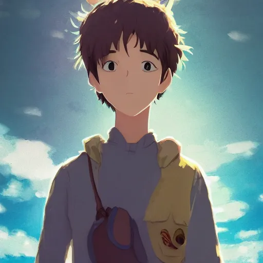 Prompt: friendly guy and small creature , with Fragile looking character portrait face made by Studio Ghibli highly detailed art, beautiful scene, sharp focus, smooth, 8k, anime art, wild, dark, fantasy, peaceful, sunshine, big eye