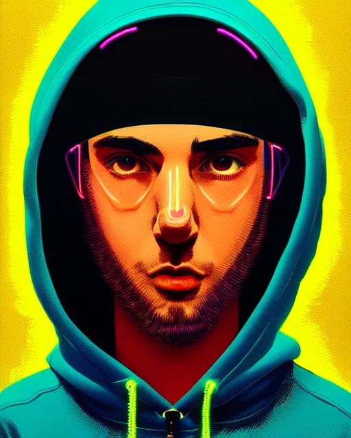 Prompt: edm art, pop art, hyper - realistic detailed portrait of a man in a hoodie, with neon visor, by atey ghailan, by greg rutkowski, by greg tocchini, by james gilleard, by joe fenton, by kaethe butcher, sharp focus