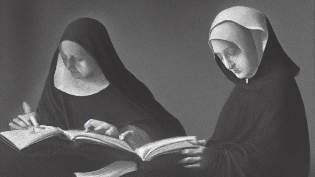 Prompt: chiaroscuro of a nun reading a book