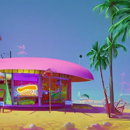 Prompt: psychedelic beachfront fast food restaurant with palm trees by simon stalenhag