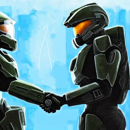 Image similar to master chief from halo shaking hands with biden, digital art, highly detailed, high contrast, beautiful lighting, award winning, trending on art station, photorealistic, 8 k,