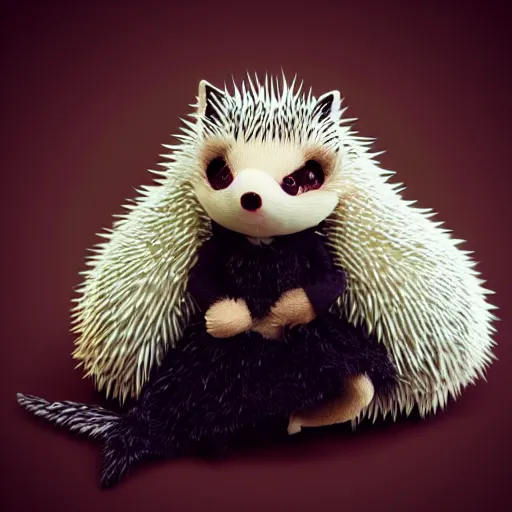 Prompt: cute fumo plush of a hedgehog girl with prickly spines, character design contest winner, silhouette, artstation, vray, anime girl, black and white, striped gothic dress, regal