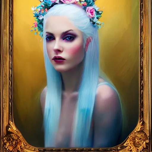 Image similar to a pale girl with white hair wears floral crown, sad blue eyes, cinematic lighting, ultra detailed, grand master oil painting