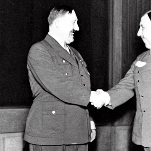 Image similar to adolf hitler shaking hands with shrek