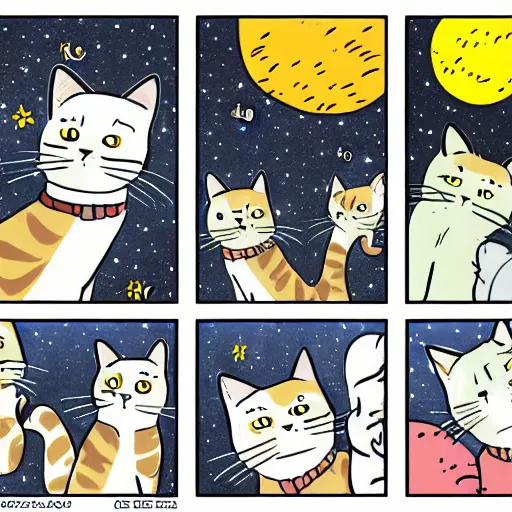 Prompt: a comic strip about cats in space, retro