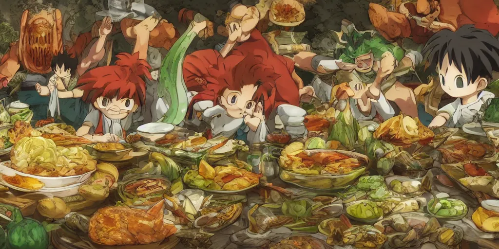 Prompt: A feast for the Gon, very detailed, anime, Delicious, Plump, Juicy, Hot Food, large white border, hd, 8k, Unreal Engine 5, high resolution print :1 by Hayao Miyazaki, Nausicaa, studio Ghibli style, Anime wallpaper, cell shading, trending on deviant art :1