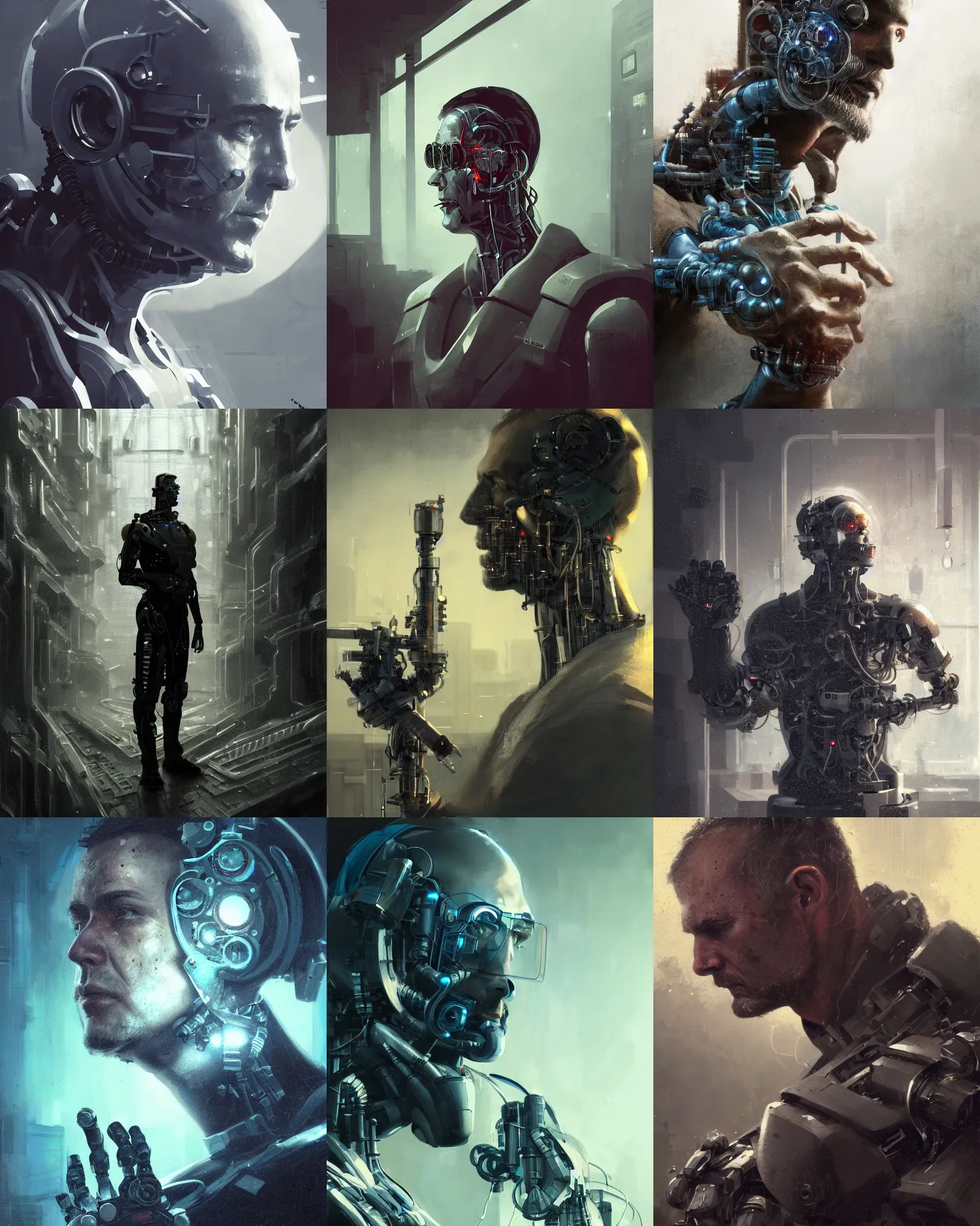 Image similar to a laboratory operator man with cybernetic enhancements seen from a distance, 1 / 2 headshot, scifi character portrait by greg rutkowski, craig mullins, daytoner, cinematic lighting, dystopian scifi gear, profile picture, mechanical, cyborg, half robot