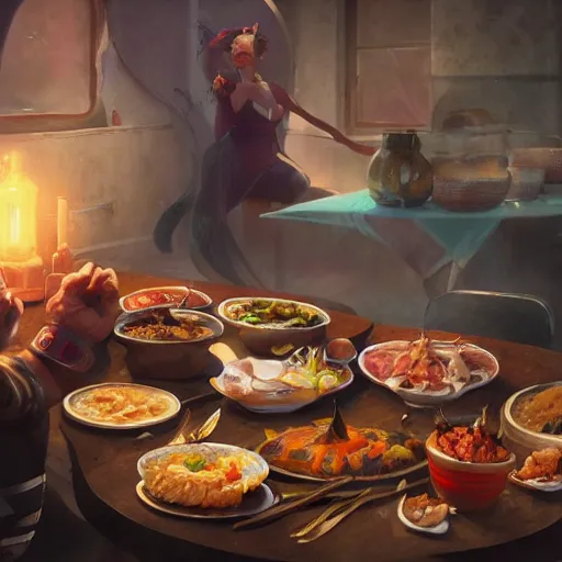 Prompt: A table-spread of amazing food hot and fresh, huggy wuggy from poppy playtime video game, fullbody, ultra high detailed, oil painting, Greg Rutkowski, Charlie Bowater, Yuumei, Yanjun Cheng, unreal 5, DAZ, hyperrealistic, octane render, RPG portrait, dynamic lighting, fantasy art, beautiful face