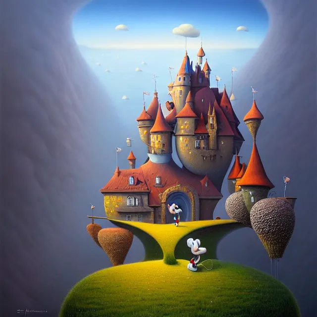 Image similar to gediminas pranckevicius an oil on canvas portrait painting of mickey mouse, surrealism, surrealist, cosmic horror, rob gonsalves, high detail fantastic world castle happy place, volumetric light godray