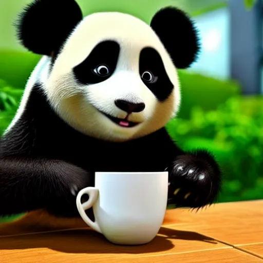 Image similar to a cute panda with big eyes looking at a cup of coffee, bamboos on background. Pixar Disney 4K 3d render funny animation movie Oscar winning trending on ArtStation and Behance. Ratatouille style.