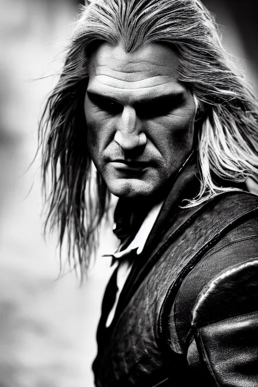 Image similar to portrait of geralt of rivia wearing a tuxedo, 5 5 mm lens, professional photograph, black and white, times magazine, serious