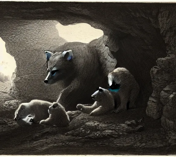 Image similar to viewer looking into dark cave and seeing a mother bear and her cubs sleeping, night time, artwork by Pieter Claesz, cross hatching, framed painting,