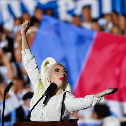 Image similar to Lady Gaga as president, Argentina presidential rally, Argentine flags behind, bokeh, giving a speech, detailed face, Argentina