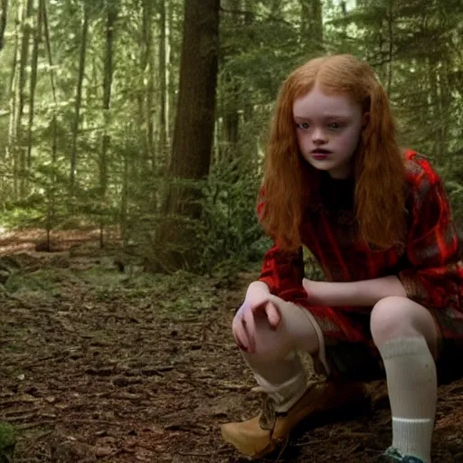 Image similar to Sadie Sink (Maxine Mayfield) from Stranger Things kneeling in a forest looking straight ahead, cinematic, soft realistic lighting, establishment scene, extremely high details, photorealistic, 8k