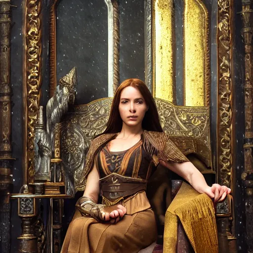 Image similar to the elder scrolls vi, charismatic regal brunette female jarl, portrait, throne room, atmospheric lighting, painted, intricate, volumetric lighting, beautiful, daytime, sunny weather, slight overcast, sharp focus, deep colours, ultra detailed, by leesha hannigan, ross tran, thierry doizon, kai carpenter, ignacio fernandez rios