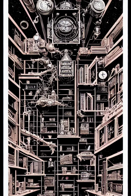 Image similar to a majestic steampunk alchemists bookshelf, two point perspective, furniture, high details, bold line art, by vincent di fate and joe fenton, inking, etching, screen print, masterpiece, trending on artstation, sharp, high contrast, hyper - detailed,, hd, 4 k, 8 k