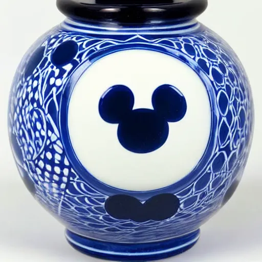 Prompt: a delft blue vase with a happy mickey mouse depicted on it ; extremely detailed ; f / 1. 4, 9 0 mm