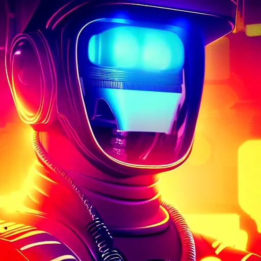 Image similar to professional photo of astronaut from front standing very close to camera from low angle shot, cyberpunk, synthwave, blade runner, hyperrealistic masterpiece, trending on artstation, cgsociety, kodakchrome, golden ratio, cinematic, composition, beautiful lighting, hyper detailed, sharp focus, octane render, 4 k, unreal engine