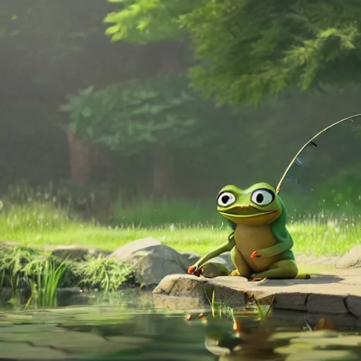 Prompt: a wholesome animation key shot of pepe the frog fishing in a pond, medium shot, studio ghibli, pixar and disney animation, sharp, rendered in unreal engine 5, anime key art by greg rutkowski, bloom, dramatic lighting