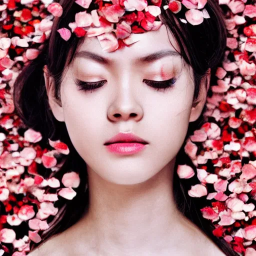 Image similar to made by naoto hatorri, beautiful woman covered in tiny rose petals, closeup portrait shot, hyper - detailed, 4 k concept art, smooth, sharp focus. - h 7 6 8