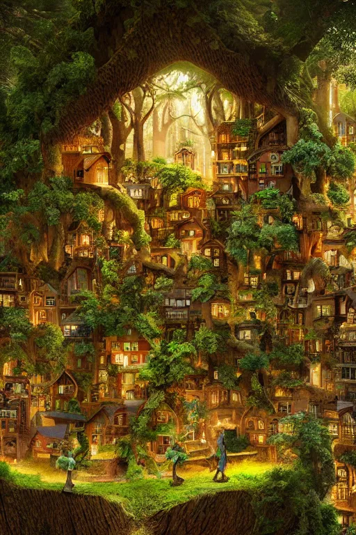 Image similar to a miniature city built into the trunk of a single colossal tree in the forest, with tiny people, lit windows, close - up, low angle, wide angle, awe - inspiring, highly detailed digital art