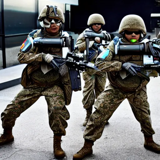 Prompt: a squad of futuristic soldiers wielding laser rifles