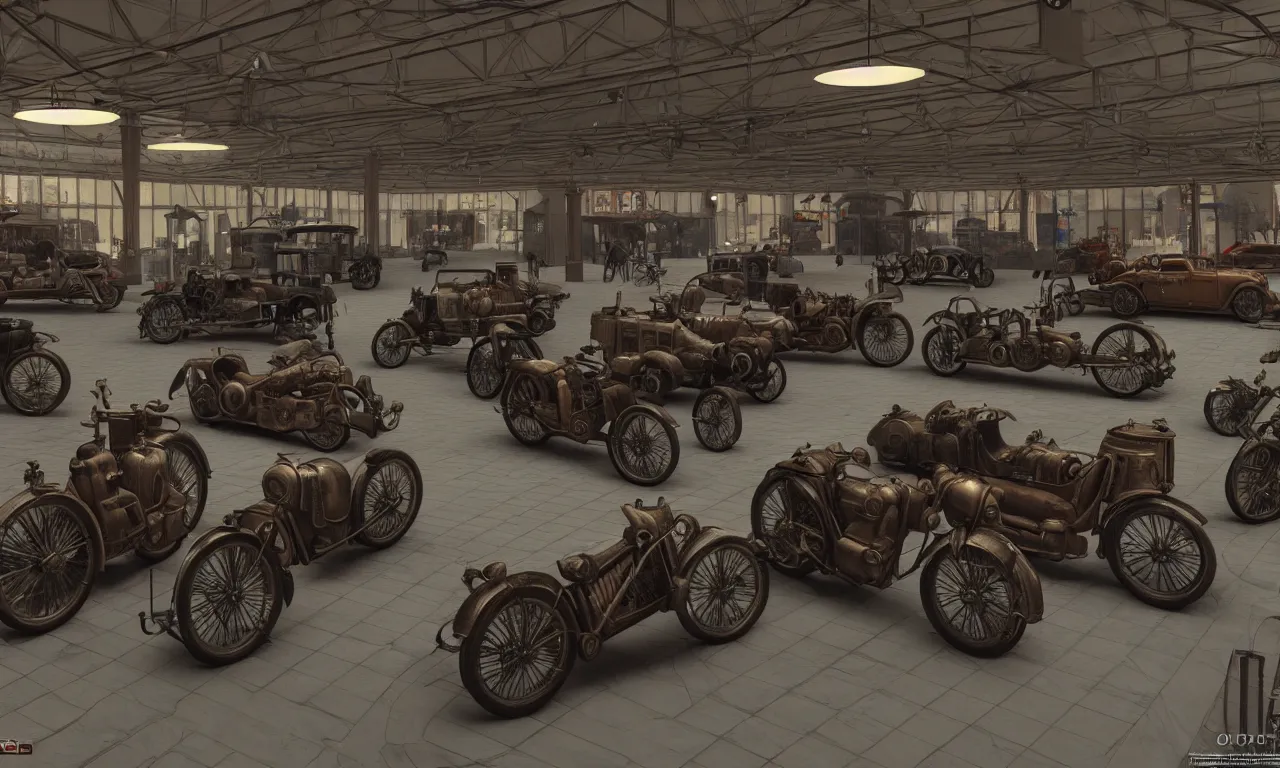 Prompt: exhibition hall of full of restomods cars, restomods bikes, dieselpunk, high detail, shading unreal engine 5, by leonardo da vinci, ambient occlusion