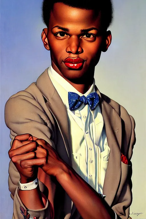 Image similar to tarik luqmaan trotter portrait by gil elvgren and norman rockwell and rob gonsalves and hajime sorayama, hyperrealistic, high detail, ultra detailed, highly detailed face, ruffled fabric