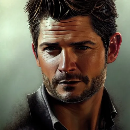 Image similar to A combination of Jensen Ackles's and Orlando Bloom's and Timothy Olyphant's faces as Nathan Drake, western, D&D, fantasy, intricate, elegant, highly detailed, digital painting, artstation, concept art, matte, sharp focus, illustration, art by Artgerm and Greg Rutkowski and Alphonse Mucha